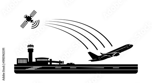 Monochrome airport scene depicting a control tower, terminal building, departing airplane, and satellite communication, representing global air travel and technology on a bright background.