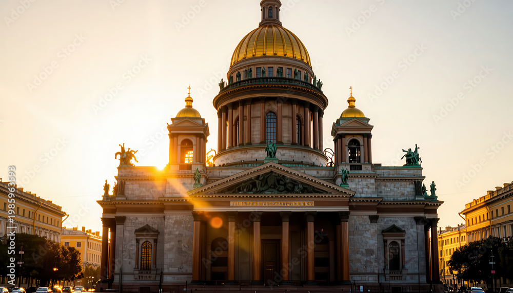 Fototapeta premium The building features a large dome, with sunlight casting reflections on its exterior. Statues adorn the structure, highlighting the architectural design of this prominent building.