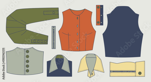 Flat lay components of a classic men's suit, including jacket, vest, trousers, and shirt, on a light gray background.