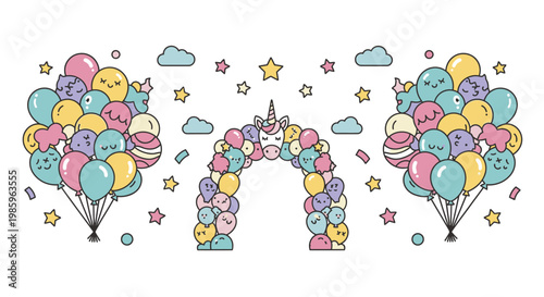 Cute cartoon balloons forming an arch with a unicorn and stars, in a bright studio.