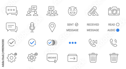 Set of Modern Outline Communication and User Interface Icons on Isolated White Background