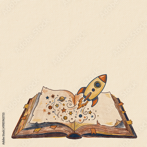 A charming, textured neo-naive illustration in a vintage style, showing a stylized toy rocket blasting off from the open pages of an antique, well-worn book