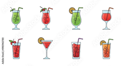 Cocktail icons, drink glasses, beverage illustrations, 8 colorful set