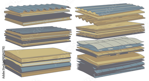Stacks of diverse building materials including corrugated metal, wood, and insulation panels for construction.