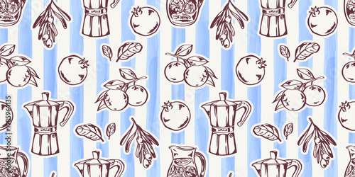 Seamless Mediterranean summer pattern with moka pots, tomatoes and squid in blue watercolor striped rows on a white background. Coastal Italian food repeat for fabric, wallpaper and wrapping paper.
