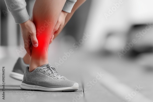 A person experiencing ankle pain, holding their leg and grimacing in discomfort during physical activity.