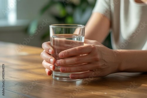 A person's hands gently hold a glass of clear water, emphasizing hydration and tranquility in a sunny environment.