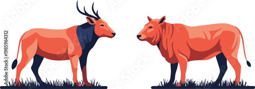 Two animals face each other in a grassy landscape with one having horns
