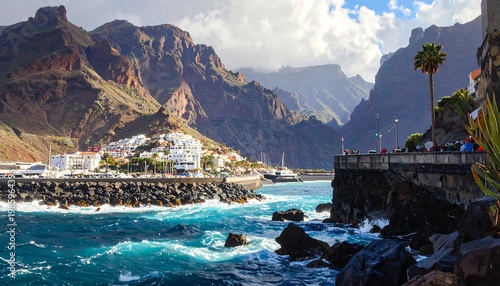 A scenic coastal landscape with rugged mountains and turquoise waters
