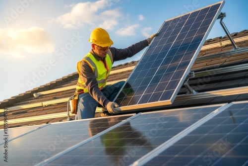 A technician installs solar panels on a rooftop, showcasing renewable energy efforts and sustainable solutions.