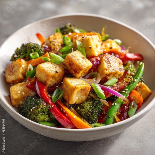 A vibrant bowl of mixed vegetables and sauteed tofu, topped with sesame seeds and green onions, perfect for a healthy meal.