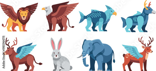 A vibrant illustration of various fantastical creatures including a lion, Griffin, fish-like creature, deer, rabbit, elephant, and stag, showcasing Animals in a Graphic style.