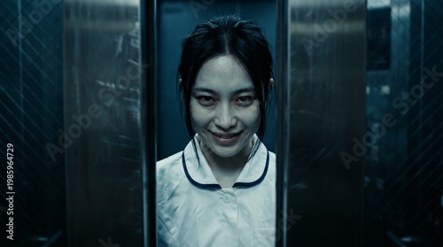Tapety artystyczne ホラーや怪談、映画素材に最適。狂気と企みを感じさせる、エレベーターの扉の向こうで不気味な笑みを浮かべる青白い顔の日本人女性看護師