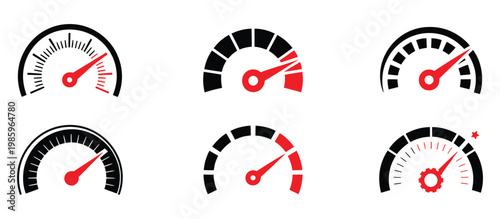 set of six speedometer gauges with red needles indicating different speeds isolated on white