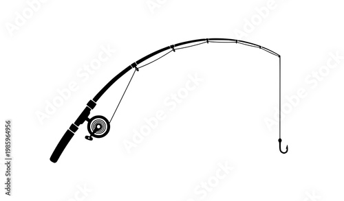Curved fishing rod silhouette vector with reel hook and line in clean minimal fishing gear style