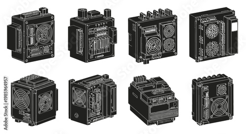 Collection of vintage electrical relays and components on a white background
