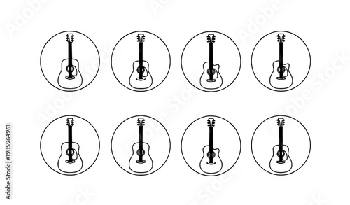 Acoustic guitar icons vector set in minimal clean outline style for music and audio UI design