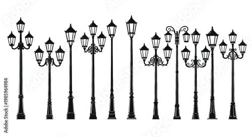 Vintage street lamps collection a black and white ornamental design