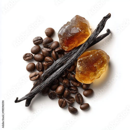 Delicious coffee beans complemented by aromatic vanilla sticks and caramelized sugar candy, perfect for culinary inspiration.