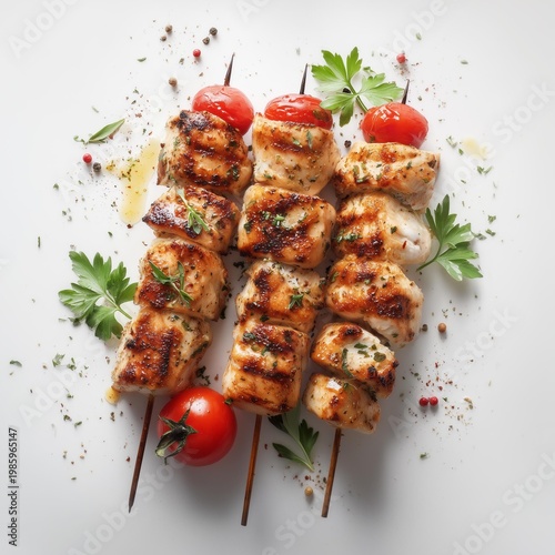 Delicious grilled chicken skewers with fresh tomatoes and herbs, perfect for a summer barbecue or healthy meal.