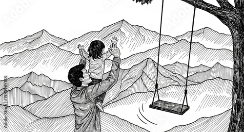 Mother Holding Child Embracing Near Empty Swing.