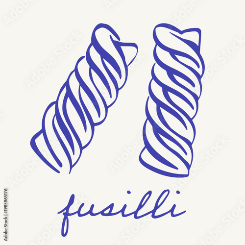 Blue fusilli pasta illustration with two spiral noodles and handwritten lettering on a light background. Italian food motif featuring classic twisted pasta in a clean retro style.