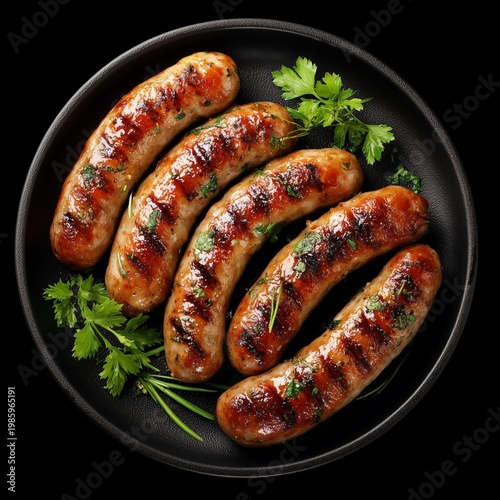 Delicious grilled sausages garnished with fresh herbs on a black plate, perfect for a hearty meal.