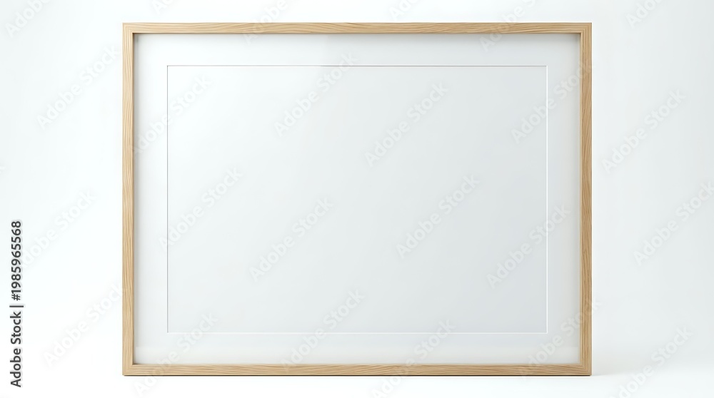 Fototapeta premium Empty wooden picture frame with white mat on white background isolated for mockup design and artwork display.