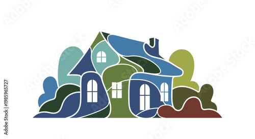 Abstract illustration of a house with stylized design and colorful elements