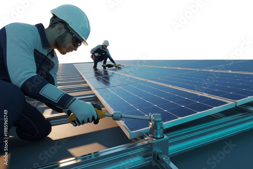 Workers installing solar panels on a rooftop, showcasing renewable energy solutions and modern engineering.