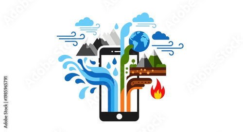 Abstract illustration of earth environment elements and mobile device