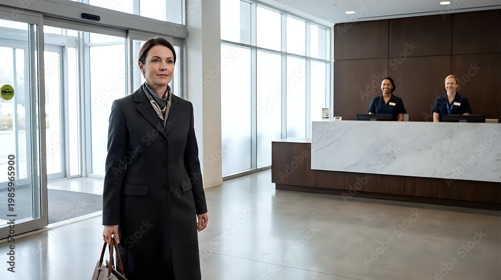 Fototapeta premium Professional Asian businesswoman in elegant black coat standing in modern hotel lobby with marble reception desk and staff in background.