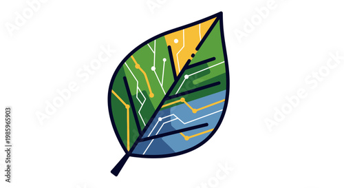 Abstract leaf with circuit board design representing technology and nature