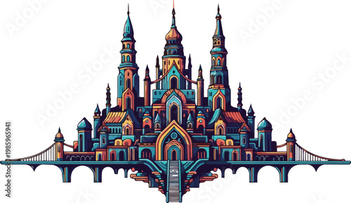 A majestic castle with towers and bridge stands on a landscape