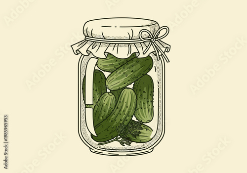 Vintage Hand-Drawn Illustration of Pickled Cucumbers in a Mason Jar with Dill, Retro Line Art for Preserved Food and Homemade Canning Concept
