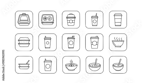 Disposable food container icons vector set in rounded square minimal outline style for delivery and packaging design