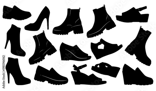 Fashion shoe silhouettes vector with dynamic layout of heels boots sandals and loafers in bold modern style