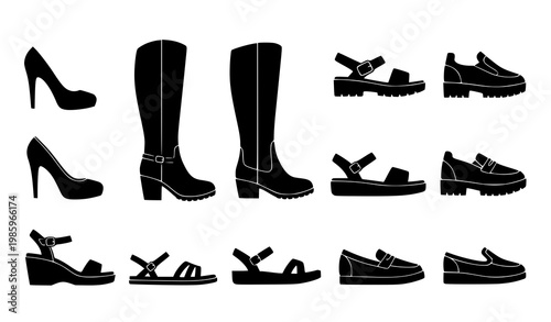 Black shoe silhouettes vector set with heels boots sandals and loafers in clean minimal fashion style