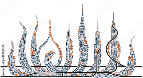 Abstract illustration of stylized buildings and organic elements modern design