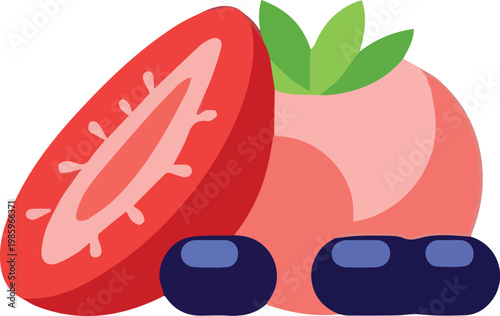 A vibrant illustration of a sliced strawberry and blueberries on a table indoors