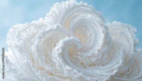Close-up of intricate white organic swirling texture against a soft blue sky abstract