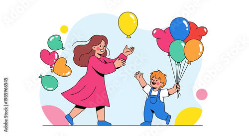 Happy Mother and Child Bonding Over Playful Balloons, Illustrating Joyful Family Moments and Childhood Happiness in a Colorful Scene