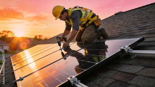 Worker installing solar panels on roof
