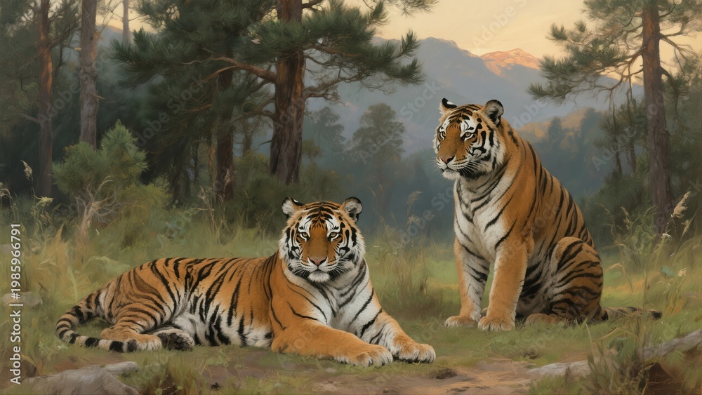 Fototapeta premium Two tigers in forest landscape