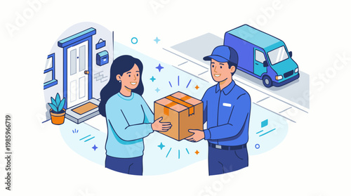 Delivery person handing package with Free Shipping to customer at doorstep