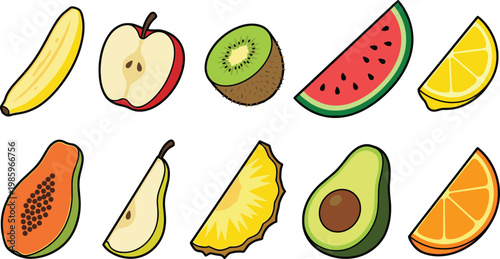 Hand Drawn Fruit Illustration Set with Banana, Apple, Kiwi, Watermelon, Lemon, Papaya, Pear, Pineapple, Avocado, and Orange in Cartoon Style
