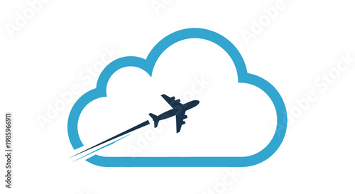 Airplane flying through cloud graphic on white background for travel and transport