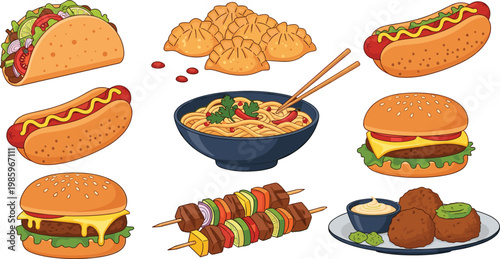 Fast Food and Street Food Icon Set with Taco, Dumpling, Hot Dog, Noodle Bowl, Burger, Kebab, and Meatball Elements for Restaurant, Menu, and Food Designs