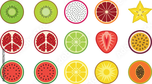 Colorful Tropical Fruit Slice Icon Set with Kiwi, Dragon Fruit, Citrus, Pomegranate, Watermelon, Pineapple, and Papaya in Flat Design Style
