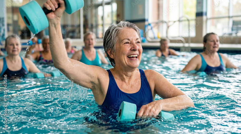 Fototapeta premium Close-up of a smiling senior woman participating in an aqua aerobics class in a swimming pool; active aging and water fitness concept, joyful expression, clear blue water background